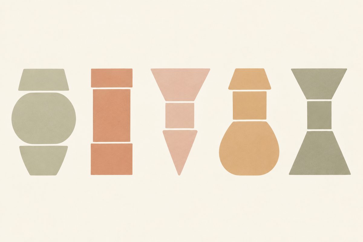 Body shape guide showing apple, rectangle, inverted triangle, pear and hourglass silhouettes with harmonising colour swatches and a measuring tape