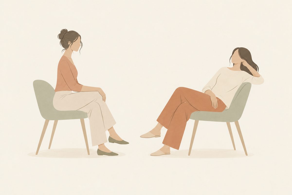 Illustration of two seated women, one upright and attentive, the other reclined and disengaged