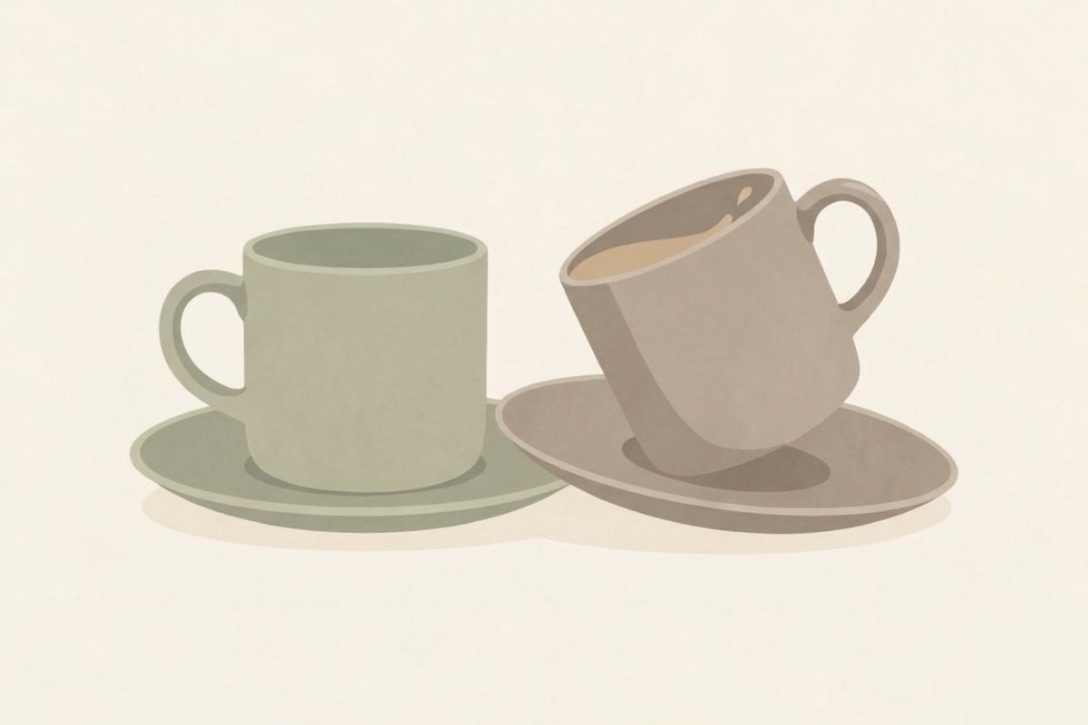 Illustration of two cups and saucers, one sitting level and one tilted off balance