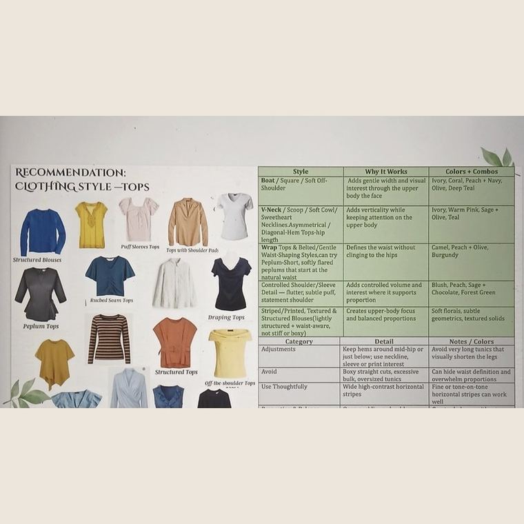 A page of the personalised style guide clients take away, showing clothing recommendations and colour combinations